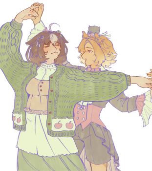 Rule 34 | > <, 2girls, absurdres, ahoge, alternate costume, animal ear piercing, animal ears, apple print, arms up, ascot, asymmetrical skirt, black hat, black jacket, black shorts, black skirt, blazer, blush, bow, bowtie, breasts, brown hair, brown vest, buttons, cardigan, cowboy shot, cropped jacket, crossdressing, crossdressing (ftm), dancing, double-breasted, dress, ear ribbon, ears down, food print, formal clothes, frilled sleeves, frilled vest, frills, frown, fruit print, granadolis, green cardigan, green dress, grey skirt, hair between eyes, hair ornament, happy, hat, hat bow, highres, holding hands, holly hair ornament, horse ears, horse girl, horse tail, interlocked fingers, jacket, lace, lace-trimmed ascot, lace-trimmed dress, lace-trimmed skirt, lace trim, long dress, long sleeves, looking at another, loose hair strand, medium breasts, medium hair, medium skirt, meisho doto (umamusume), mini hat, mini top hat, multicolored hair, multiple girls, nervous, open cardigan, open clothes, open jacket, open mouth, orange hair, outstretched arm, pink bow, pink bowtie, pink vest, pleated dress, pleated skirt, print cardigan, puffy long sleeves, puffy sleeves, purple eyes, ribbon, shorts, showgirl skirt, simple background, skirt, sleeve cuffs, smile, standing, streaked hair, t.m. opera o (umamusume), tail, tan, teeth, top hat, two-sided fabric, two-sided skirt, two-tone dress, umamusume, upper teeth only, vest, white ascot, white background, white dress, white ribbon, yuri