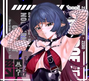 1girl :3 absurdres animal_ears armpits arms_behind_head arms_up bare_shoulders black_background black_hair black_one-piece_swimsuit blue_eyes breast_curtains breasts character_name choker cleavage closed_mouth collarbone commentary earrings english_commentary english_text fishnet_sleeves fishnets highres jane_doe_(nocturne_of_light)_(zenless_zone_zero) jane_doe_(zenless_zone_zero) jewelry leather_leotard long_hair looking_at_viewer medium_breasts mouse_ears mouse_girl multicolored_hair o-ring o-ring_choker o-ring_swimsuit official_alternate_costume one-piece_swimsuit red_background red_hair red_one-piece_swimsuit sbanashi solo swimsuit two-tone_one-piece_swimsuit upper_body zenless_zone_zero