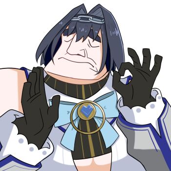 1girl bare_shoulders black_gloves black_hair blue_bow bow closed_eyes closed_mouth commentary_request detached_sleeves facing_viewer fong_(fongthe0125) gloves hair_intakes heart highres hololive hololive_english long_sleeves meme ok_sign ouro_kronii ouro_kronii_(1st_costume) pacha_edits_(meme) shirt simple_background sleeveless sleeveless_shirt solo thick_eyebrows upper_body virtual_youtuber white_background white_shirt