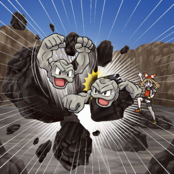 1girl arm_up arms_up artist_request bike_shorts bike_shorts_under_shorts black_shorts blue_sky brown_hair clear_sky clenched_hand clenched_hands commentary_request day debris emphasis_lines gen_1_pokemon geodude grey_eyes hair_ribbon looking_at_another may_(pokemon) medium_hair nintendo official_art open_mouth outdoors pokemon pokemon_(creature) pokemon_move pokemon_oras punching red_ribbon red_shirt ribbon rock rock_smash_(pokemon) second-party_source shirt shoes shorts sky sleeveless sleeveless_shirt smile white_shorts