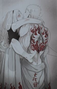 1boy 1girl against_wall arm_tattoo boruto:_naruto_next_generations boruto_(series) clothed_sex haruno_sakura hetero highres hokage kiss messy_hair missionary muscular muscular_male narusakuart1 naruto_(series) saliva saliva_trail sex short_hair spiral spread_legs standing standing_missionary standing_sex tattoo uzumaki_naruto