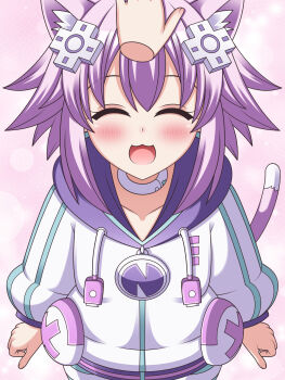 1girl absurdres animal_ears blush cat_ears cat_girl cat_tail choker closed_eyes commentary_request d-pad d-pad_hair_ornament hair_ornament headpat highres hood hoodie meruruto neptune_(neptunia) neptune_(series) open_mouth purple_hair short_hair sidelocks socks striped_clothes striped_socks tail usb white_choker
