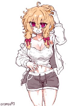 1girl alternate_costume armpits bare_shoulders black_shorts blonde_hair breasts cleavage collarbone hair_bun hair_ribbon highres hood hoodie large_breasts looking_at_viewer messy_hair midriff navel open_clothes open_hoodie pink_eyes rampa93 ribbon scratching_head scratching_stomach shorts sidelocks sleepy solo tank_top tearing_up thighs touhou twitter_username white_background white_hoodie white_tank_top yakumo_yukari yawning