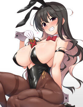 Rule 34 | 1girl, animal ear hairband, animal ears, arm behind back, between breasts, black hair, black leotard, blush, bow, bowtie, breasts, breasts out, brown pantyhose, chocolate, commentary request, covered navel, detached collar, fake animal ears, fang, gloves, hairband, high heels, highleg, highleg leotard, highres, kantai collection, large breasts, leotard, long hair, looking at viewer, multicolored hair, naganami (kancolle), open mouth, pantyhose, pink hair, playboy bunny, rabbit ear hairband, rabbit ears, side-tie leotard, simple background, sitting, smile, solo, strapless, strapless leotard, thighband pantyhose, two-tone hair, very long hair, wavy hair, yoshi tama
