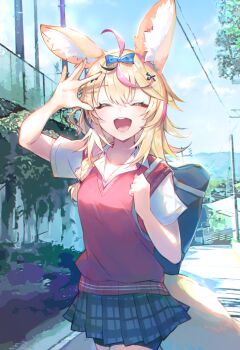 1girl :d absurdres animal_ear_fluff animal_ears bag bike_shorts bike_shorts_under_skirt black_streaks blonde_hair closed_eyes commentary cowboy_shot facing_viewer fox_ears fox_girl fox_tail grey_skirt highres hololive long_hair miniskirt multicolored_hair namonaki_yamada official_alternate_costume omaru_polka open_mouth outdoors overexposure pink_streaks playing_card_theme pleated_skirt purple_nails red_vest school_bag shirt shirt_under_dress short_sleeves shoulder_bag skirt smile solo streaked_hair summer sunlight sweater_vest tail vest virtual_youtuber white_shirt