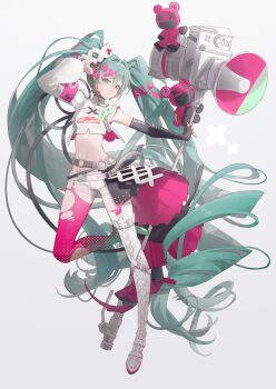 1girl aqua_eyes aqua_hair asymmetrical_clothes asymmetrical_footwear asymmetrical_gloves asymmetrical_sleeves black_gloves boots crown_belt_buckle elbow_gloves fingerless_gloves full_body gloves goodsmile_company goodsmile_racing hair_intakes half-skirt half_gloves hatsune_miku highres holding holding_megaphone lace-up_boots leg_up long_hair megaphone midriff mismatched_footwear mismatched_gloves navel pink_gloves pleated_skirt racing_miku racing_miku_(2025) short_shorts shorts shuno_(xiaonuo) simple_background skirt solo torn_clothes very_long_hair vocaloid white_background white_boots white_shorts