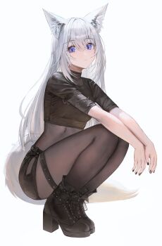 1girl absurdres animal_ear_fluff animal_ears ankle_boots black_boots black_nails black_shirt black_shorts blue_eyes bodystocking boots breasts closed_mouth commentary_request commission crop_top expressionless flippy_(cripine111) fox_ears fox_girl fox_tail full_body hair_between_eyes high_heel_boots high_heels highres long_hair looking_at_viewer nail_polish original pantyhose pixiv_commission purple_eyes shirt short_shorts short_sleeves shorts simple_background solo squatting tail thigh_strap thighs white_background white_hair