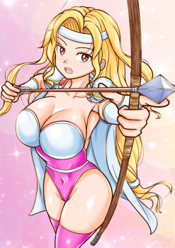 absurdres arrow_(projectile) blonde_hair blue_eyes bow_(weapon) brigid_(fire_emblem) cape commission cosplay drawing_arrow final_fantasy final_fantasy_iv fire_emblem fire_emblem:_genealogy_of_the_holy_war headband highres leotard long_hair mikan_ame_q multicolored_leotard nintendo pink_leotard pink_thighhighs pixiv_commission rosa_farrell rosa_farrell_(cosplay) shoulder_pads thighhighs two-tone_leotard weapon white_cape white_headband