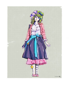 1980s_(style) 1girl android blue_eyes collarbone dress female_focus green_hair hair_ornament highres lips long_hair oldschool original presence retro_artstyle robot_carnival sergey_orlov solo umetsu_yasuomi