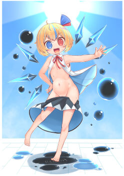 1girl :d @_@ absurdres barefoot black_skirt blonde_hair blue_bow blue_eyes blue_hair blue_sky blush bow breasts cirno clear_sky clothes_pull collared_shirt commentary_request fang full_body fusion hair_bow harunoha heterochromia highres ice ice_wings looking_at_viewer multicolored_hair navel no_panties open_clothes open_mouth open_shirt outdoors puddle red_bow red_eyes rumia shirt short_hair skirt skirt_pull sky small_breasts smile solo standing streaked_hair sun touhou v-shaped_eyebrows variant_set water white_shirt wings