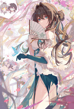 Rule 34 | 1girl, absurdres, aqua dress, aqua eyes, aqua gloves, asymmetrical gloves, bare shoulders, breasts, brown hair, cake cat (honkai: star rail), chinese commentary, closed mouth, commentary, dress, earrings, elbow gloves, feather boa, folding fan, from side, gloves, hair intakes, hair ornament, hand fan, highres, holding, holding fan, honkai: star rail, honkai (series), jewelry, light smile, long hair, looking at viewer, medium breasts, mismatched gloves, multicolored hair, official alternate costume, ruan mei (honkai: star rail), ruan mei (plumblossom letter) (honkai: star rail), side slit, single elbow glove, solo, stelle (honkai: star rail), streaked hair, trailblazer (honkai: star rail), turning head, uneven gloves, white gloves, yajuu