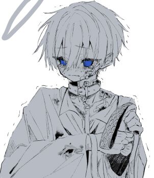 Rule 34 | 1boy, bandaged wrist, bandaged wrists, bandages, bandaid, bandaid on cheek, bandaid on face, bandaid on neck, blood, blood on clothes, blue eyes, bruise, bruise on face, bruise on neck, collar, collared shirt, facing viewer, hair between eyes, halo, hands up, highres, holding, holding leash, injury, leash, long sleeves, looking away, looking to the side, male focus, monochrome, original, parted lips, piyopiyomaru (piyopiyomaru 0), scared, shaking, shiro (piyopiyomaru (piyopiyomaru 0), shirt, short hair, solo, sweat, sweatdrop, tearing up, trembling