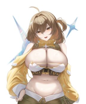 1girl absurdres ahoge anis_(nikke) bandeau bare_shoulders belt_pouch blush breasts brown_eyes brown_hair brown_shorts cat_hair_ornament chest_harness cleavage clothing_cutout commentary cowboy_shot crossed_bangs goddess_of_victory:_nikke groin hair_between_eyes hair_intakes hair_ornament hand_on_own_hip harness highres large_breasts long_sleeves looking_at_viewer medium_hair midriff navel official_alternate_costume one_side_up open_mouth pouch sami_(ami12702752) shorts shoulder_cutout shrug_(clothing) sidelocks simple_background skindentation solo standing teeth underbust white_background white_bandeau yellow_shrug