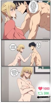 1boy 1girl absurdres black_hair blonde_hair breasts cha_hae-in english_text highres kevcrexx nipples nude short_hair solo_leveling sung_jin-woo