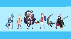 5girls animated ao-chan_(ninomae_ina&#039;nis) black_cape black_dress black_hair blonde_hair blue_hair book bouncing_breasts breasts cape capelet colored_inner_hair detached_sleeves dress fins fish_tail floating floating_book floating_object gawr_gura gawr_gura_(1st_costume) green_hair halo high-waist_skirt holding holding_scythe holding_shield holding_sword holding_weapon hololive hololive_english holomyth mori_calliope mori_calliope_(1st_costume) multicolored_hair multiple_girls necktie ninomae_ina&#039;nis ninomae_ina&#039;nis_(1st_costume) orange_hair pink_hair pixel_art plaid_clothes plaid_skirt polearm red_neckwear scythe shark_tail shield short_necktie silver_hair single_detached_sleeve single_thighhigh skirt solsumi standing streaked_hair swaying sword tail takanashi_kiara takanashi_kiara_(1st_costume) tentacles thighhighs tiara trident video virtual_youtuber watson_amelia watson_amelia_(1st_costume) weapon wings