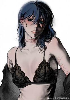 Rule 34 | 1girl, absurdres, aqua eyes, black bra, black jacket, blood, blue hair, borderline7839, bra, chinese commentary, commentary request, cuts, flat chest, highres, injury, jacket, medium hair, parted lips, self-harm scar, shi wan ge leng xiaohua, solo, underwear, watermark, weibo watermark