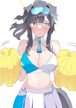 1girl absurdres animal_ears black_hair blue_archive blush breasts cheerleader cleavage commentary_request dog_ears dog_girl dog_tail goggles goggles_on_head halo hibiki_(blue_archive) hibiki_(cheer_squad)_(blue_archive) highres holding holding_pom_poms long_hair medium_breasts millennium_cheerleader_outfit_(blue_archive) navel official_alternate_costume onineko815 open_mouth pom_pom_(cheerleading) pom_poms simple_background skirt solo star_(symbol) star_sticker sticker sticker_on_arm sticker_on_face tail white_background yellow_halo