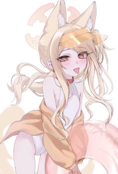 1girl :p absurdres animal_ear_fluff animal_ears bent_over blonde_hair blue_archive chedisu commentary_request cowboy_shot extra_ears forehead fox_ears fox_girl fox_tail halo highres holding holding_swim_ring hood hooded_jacket innertube jacket long_hair long_sleeves looking_at_viewer official_alternate_costume official_alternate_hairstyle one-piece_swimsuit orange_eyes parted_bangs ponytail seia_(blue_archive) seia_(swimsuit)_(blue_archive) simple_background solo standing swim_ring swimsuit tail tongue tongue_out transparent_innertube white_background white_one-piece_swimsuit yellow_halo yellow_jacket