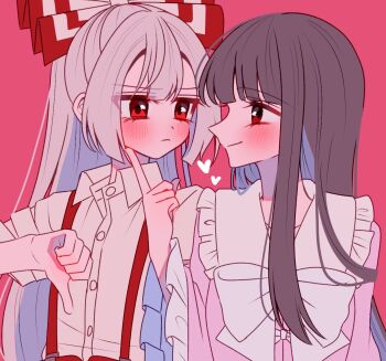 2girls blush bow bowtie closed_mouth collared_shirt commentary_request frilled_shirt_collar frilled_sleeves frills fujiwara_no_mokou grey_hair hair_bow heart houraisan_kaguya light_frown light_smile long_hair long_sleeves multiple_girls pink_background pink_shirt red_eyes shirt simple_background suspenders tamiko_(tamik0224) thumbs_down torn_clothes torn_sleeves touhou very_long_hair white_bow white_bowtie white_shirt wide_sleeves yuri