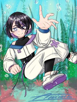 1girl absurdres animaaart baggy_pants black_hair black_pantyhose black_shirt blue_trim bubble closed_mouth collared_shirt full_body hair_between_eyes halterneck highres hikka_(oc) hikka_(website) hood hood_down hoodie long_sleeves looking_at_viewer mole mole_on_cheek multicolored_hair multiple_views off-shoulder_sweater off_shoulder pants pantyhose purple_eyes purple_hair purple_streaks purple_trim reaching reaching_towards_viewer reference_sheet shirt shoes short_hair simple_background sleeveless sleeveless_shirt sleeves_past_wrists smile sneakers solo standing streaked_hair sweater two-tone_hair underwater upper_body white_background white_shoes x_x