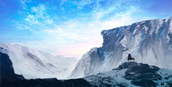 1other absurdres ambiguous_gender arufa7ray blue_sky cliff cloud commentary concept_art day english_commentary glacier highres landscape mountain original outdoors scenery silhouette sky standing wide_shot