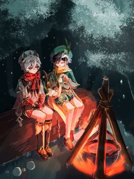 2boys beret closed_eyes closed_mouth cooking_pot dahlia_(genshin_impact) fire forest genshin_impact hat highres holding instrument log looking_at_another lyre ma_mohumohu male_focus multiple_boys nature open_mouth scarf sitting snowing tree venti_(genshin_impact)
