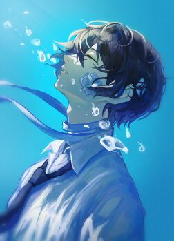 1boy adam's_apple air_bubble bandaged_head bandaged_neck bandages black_necktie brown_hair bubble bungou_stray_dogs closed_eyes closed_mouth collared_shirt commentary dazai_osamu_(bungou_stray_dogs) from_side gauze gauze_on_cheek highres loose_bandages male_focus necktie shirt short_hair solo submerged symbol-only_commentary ufomelet_et underwater upper_body water white_shirt