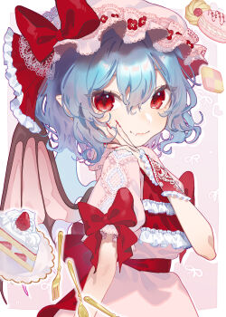 1girl absurdres bat_wings blue_hair border cake cowboy_shot dress eyelashes food hashtag-only_commentary hat highres mob_cap pink_background pink_dress pink_hat red_eyes remilia_scarlet short_hair solo strawberry_shortcake teruteru_(teru_teru) touhou white_border wings