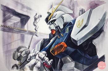 3others antennae artist_name emblem floating green_eyes gundam gundam_0080 gundam_alex helmet highres mecha multiple_others no_pupils robot spacesuit v-fin wire zero_gravity zinyart