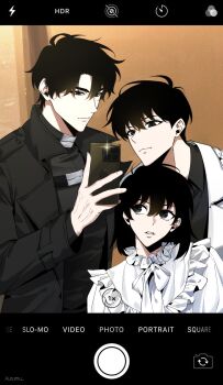 Rule 34 | 1girl, 2boys, alternate costume, aurumu, black coat, black eyes, black hair, black shirt, blouse, bob cut, coat, commentary, english commentary, fake phone screenshot, fake screenshot, han sooyoung, highres, holding, holding phone, kim dokja, multiple boys, neck ribbon, omniscient reader's viewpoint, open clothes, open coat, phone, popped collar, ribbon, shirt, short hair, sparkle, white coat, yoo joonghyuk