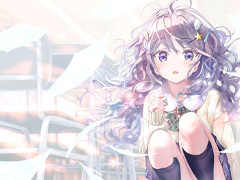 1girl black_socks bow brown_hair brown_sweater chair classroom collared_shirt comiket_107 commentary_request desk dress_shirt ears_through_headwear green_bow hair_ornament hairclip holding keepout knees_up long_sleeves looking_at_viewer original plaid_bow pleated_skirt puffy_long_sleeves puffy_sleeves purple_eyes purple_skirt school_chair school_desk school_uniform shirt skirt sleeves_past_wrists socks solo squatting star_(symbol) star_hair_ornament sweater twitter_username white_shirt