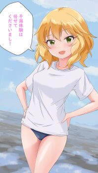 1girl 2022 blonde_hair breasts collarbone green_eyes hands_on_own_hips haruma_(messy_illust) highres idolmaster idolmaster_cinderella_girls looking_at_viewer medium_breasts mud open_mouth panties sakurai_momoka shirt short_hair thigh_gap translated underwear white_shirt
