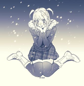 1girl amane_misa artist_name black_thighhighs blonde_hair blush coat death_note findoworld full_body fur-trimmed_coat fur_trim hair_tie half_updo hands_on_own_cheeks hands_on_own_face hashtag-only_commentary highres kneeling long_hair looking_at_viewer monochrome plaid_clothes plaid_skirt short_twintails sitting skindentation skirt solo thighhighs twintails wariza zettai_ryouiki