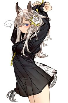 ... animal_ears animal_print arknights black_dress blue_eyes blush commentary dark-skinned_female dark_skin dress flower grey_hair hair_flower hair_ornament heavyrain_(arknights) highres kochiya_(gothope) long_hair see-through_clothes see-through_dress simple_background standing symbol-only_commentary white_background white_flower zebra_ears zebra_girl zebra_print zebra_tail