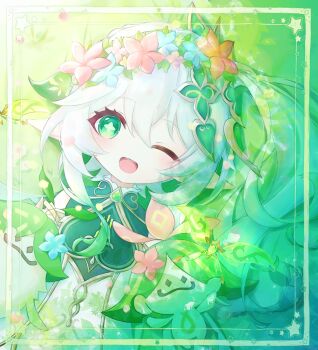 1girl aranara_(genshin_impact) blue_flower blush commentary crystalfly_(genshin_impact) dress flower flower_wreath genshin_impact gold_trim gradient_hair green_eyes green_hair hair_between_eyes hair_ornament head_wreath highres leaf_hair_ornament long_hair looking_at_viewer lying multicolored_hair nahida_(genshin_impact) on_back on_grass one_eye_closed open_mouth pointy_ears red_flower side_ponytail solo star-shaped_pupils star_(symbol) symbol-shaped_pupils tansanlemon100 white_dress white_hair