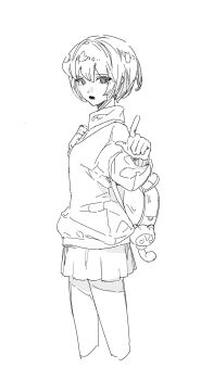 1girl backpack bag bag_charm bare_legs bob_cut character_charm character_request charm_(object) collar copyright_request cropped_legs determined dot_nose eyelashes eyes_visible_through_hair hair_between_eyes highres holding holding_bag lineart long_sleeves looking_at_viewer miniskirt open_mouth pleated_skirt pointing pointing_at_viewer puffy_long_sleeves puffy_sleeves school_uniform shirt_under_sweater short_hair simple_background skirt solo standing tansuyuli white_background