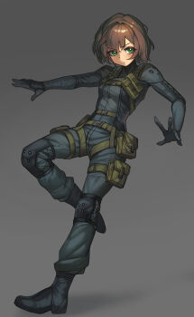 Rule 34 | 1girl, absurdres, ammunition pouch, belt, bodysuit, boots, breasts, brown hair, chance8000, commission, full body, gloves, green eyes, highres, knee guards, knee pads, looking at viewer, medium hair, military, military combat uniform, military uniform, original, pouch, simple background, skin tight, small breasts, solo, tactical clothes