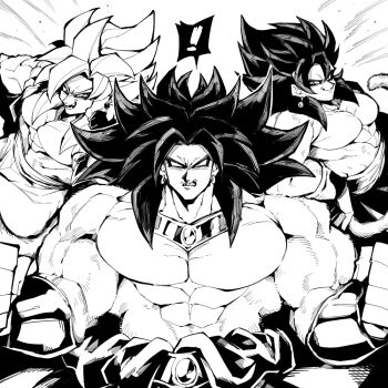 Rule 34 | !, 3boys, bare pectorals, bracer, broly (dragon ball z), clenched hands, clenched teeth, commentary request, dragon ball, dragon ball gt, dragon ball heroes, dragonball z, earrings, fang, gogeta, hands on own hips, haseko123, hoop earrings, jewelry, looking at another, looking to the side, male focus, medium hair, metamoran vest, monkey boy, monkey tail, monochrome, multiple boys, muscular, muscular male, open mouth, pectorals, potara earrings, smirk, spiked hair, spoken exclamation mark, super saiyan, super saiyan 4, tail, teeth, vegetto, vegetto (xeno)