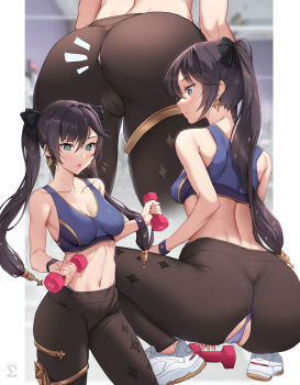 1girl absurdres accidental_exposure ass ass_focus bad_id bad_pixiv_id black_hair blush breasts cameltoe close-up collarbone commentary cowboy_shot dumbbell earrings exercising flying_sweatdrops from_behind genshin_impact green_eyes hair_between_eyes highres holding jewelry long_hair medium_breasts midriff mona_(genshin_impact) multiple_views navel open_mouth pants sigma_2018 sparkle_print sports_bra squatting sweat sweatdrop thighlet thong torn_clothes torn_pants twintails wardrobe_malfunction weightlifting weights wristband yoga_pants