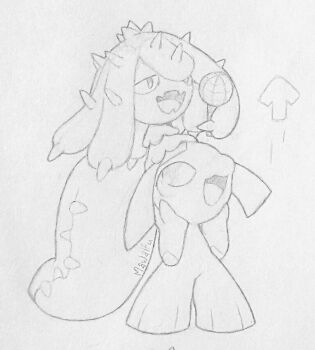 1girl arrow_(symbol) artist_name extra_mouth fangs female_focus flat_chest friday_night_funkin' full_body gen_3_pokemon gen_7_pokemon greyscale half-closed_eyes hands_on_own_cheeks hands_on_own_face hands_up happy highres holding holding_microphone long_hair looking_up mareanie mawaifu mawile microphone monochrome music nintendo on_head open_mouth pokemon pokemon_(creature) pokemon_on_head ponytail sharp_teeth signature simple_background singing sketch skin_fangs smile spikes standing teeth tentacles thick_thighs thighs traditional_media very_long_hair white_background