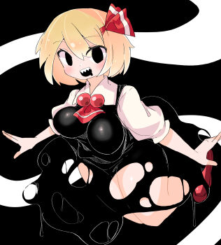 1girl absurdres ascot black_background black_eyes blonde_hair breasts full_body hair_ribbon happynalga hashtag-only_commentary highres large_breasts legs red_ascot red_ribbon red_shoes ribbon rumia sharp_teeth shoes short_hair short_sleeves solo teeth touhou