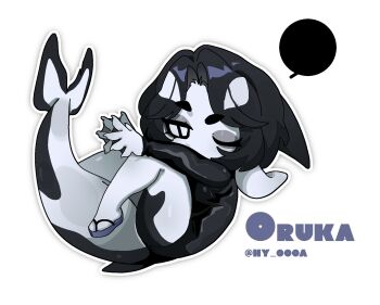 1girl animal_ears cetacean_tail chibi colored_skin fins fish_tail flip-flops furry grey_skin highres ny_000a one-piece_swimsuit one_eye_closed sandals short_hair simple_background swimsuit tail