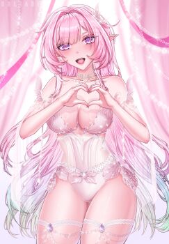 1girl alternate_costume aqua_hair artist_name bare_shoulders breasts cleavage commentary cyrene_(honkai:_star_rail) cyrene_(ripples_of_past_reverie)_(honkai:_star_rail) diamond-shaped_pupils diamond_(shape) heart heart_hands highres honkai:_star_rail honkai_(series) large_breasts leotard long_hair multicolored_hair open_mouth orliade_meow pink_hair pointy_ears purple_eyes solo symbol-shaped_pupils thighs very_long_hair white_hair white_leotard