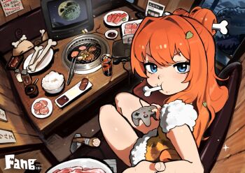 1girl 3am blue_eyes bone bone_hair_ornament bowl commentary commission controller english_commentary fang_guu food food_on_face game_console game_controller hair_ornament holding holding_controller holding_game_controller leaf long_hair looking_at_viewer meat moon_(zelda) nintendo nintendo_64 nintendo_64_controller orange_hair plate rice second-party_source sitting skeb_commission solo sparkle syakunetuu television the_legend_of_zelda the_legend_of_zelda:_majora&#039;s_mask tongs virtual_youtuber