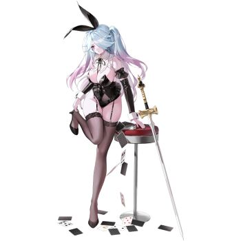 1girl arm_garter bare_shoulders black_leotard black_shoes black_sleeves black_survival breasts brown_thighhighs card chiara_(black_survival) cleavage detached_collar detached_sleeves eternal_return:_black_survival facial_mark frilled_leotard frilled_shirt_collar frills full_body garter_straps gradient_hair hair_over_one_eye hair_ribbon high_heels highres large_breasts leg_up leotard long_sleeves looking_to_the_side multicolored_hair nail_polish neck_ribbon official_alternate_costume official_art parted_lips pink_hair playboy_bunny playing_card rapier red_sandals ribbon sandals shoes solo standing stool strapless strapless_leotard sword thighhighs thighs transparent_background two_side_up weapon white_hair wrist_cuffs