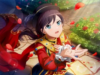 Rule 34 | 1girl, black hair, black hat, blue eyes, cape, flower, frilled sleeves, frills, furrowed brow, game cg, hat, hat feather, long hair, long sleeves, official art, open mouth, petals, ponytail, red cape, red flower, red rose, red shirt, romeo and juliet, rose, shirt, shoujo kageki revue starlight, shoujo kageki revue starlight -re live-, solo, upper body, yanagi koharu