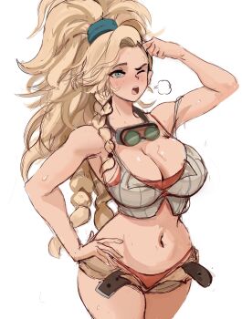 1girl asymmetrical_hair belt blonde_hair blue_eyes blush braid breasts cleavage crop_top cropped_jacket freckles gemma_(monster_hunter_wilds) goggles goggles_around_neck highres jacket large_breasts leather_belt long_hair looking_at_viewer midriff monster_hunter_(series) monster_hunter_wilds multiple_braids navel one_eye_closed open_clothes ponytail rakeemspoon smile solo sweat