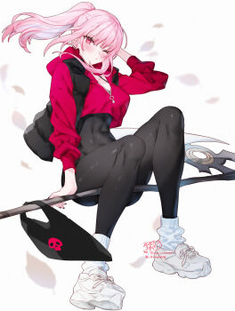 1girl absurdres arm_behind_head arm_up artist_name black_bag black_jacket black_pants blush breasts closed_mouth commentary ear_piercing highres hololive hololive_english hood hoodie jacket kamiya_maneki large_breasts long_hair long_sleeves looking_at_viewer mori_calliope one_eye_closed padded_jacket pants piercing pink_eyes pink_hair pink_hoodie ponytail riding scythe shoes signature simple_background solo twitter_username virtual_youtuber white_background white_shoes