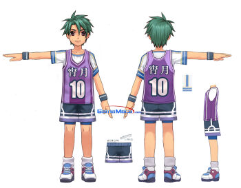 Rule 34 | 2boys, ankle socks, aqua hair, artist request, basketball jersey, bike shorts, bike shorts under shorts, black shorts, blue shoes, blue shorts, brown eyes, closed mouth, commentary request, dot nose, from behind, hair between eyes, highres, jersey, korean commentary, korean text, laces, legs apart, light smile, looking at viewer, male focus, multicolored shoes, multiple boys, multiple views, number print, official art, open hands, production art, purple shirt, purple shoes, reference sheet, shirt, shirt under shirt, shoes, short hair, short sleeves, shorts, simple background, sneakers, socks, spiked bangs, spiked hair, sportswear, standing, straight-on, third-party source, translation request, turnaround, white background, white shoes, white sleeves, white socks, wristband, yogurting