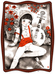 10s 1girl 2015 animal bird black_eyes black_hair blush crotch_seam flat_chest flower fractal_underground_studio hat holding holding_instrument instrument kneehighs knit_hat loli long_hair long_sleeves looking_down lute_(instrument) original panties plant potted_plant red_skirt school_uniform shirt sitting skirt socks suspender_skirt suspenders suspenders_slip underwear white_hat white_panties white_shirt white_socks yueqin